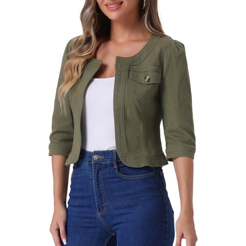 Women's Jean Jacket Slim Fit Casual Denim Jacket 3/4 Sleeves Outwear Army Green